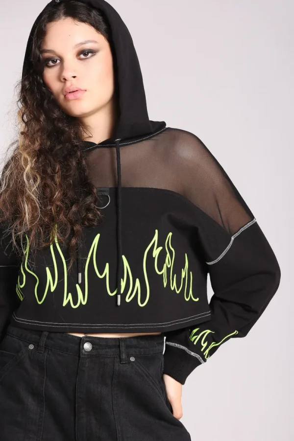 Hell Bunny Tops | Knitwear>Flames Hoodie Black/Green