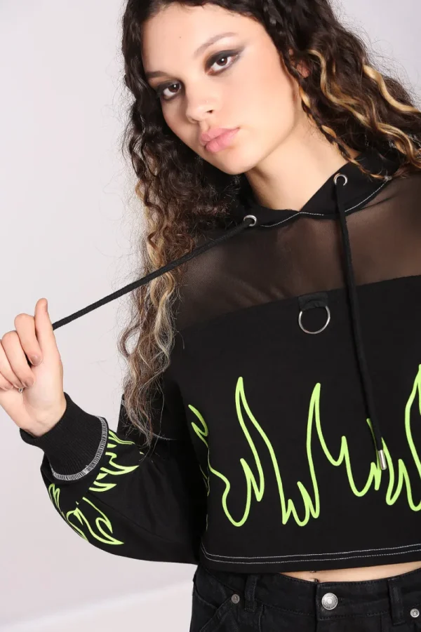 Hell Bunny Tops | Knitwear>Flames Hoodie Black/Green
