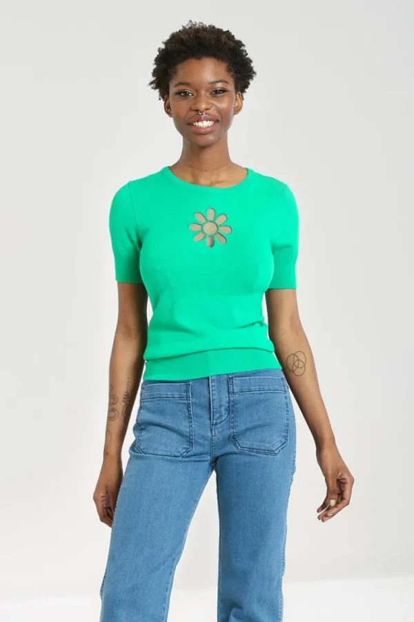 Hell Bunny Tops | Knitwear>Flower Power Top Green