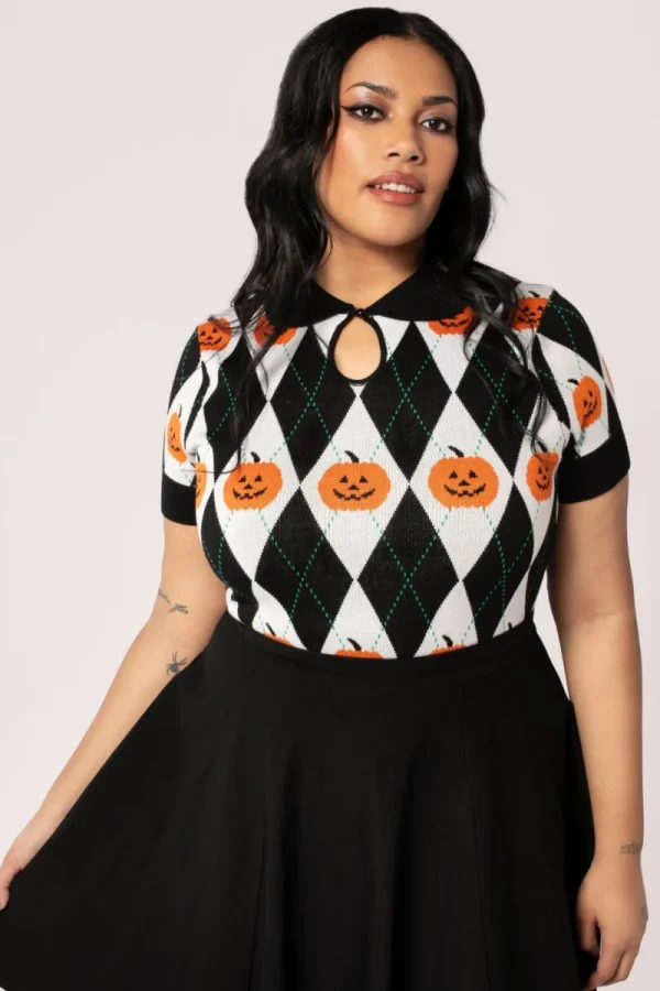 Hell Bunny Tops | Knitwear>Pumpkin Head Top Black/White