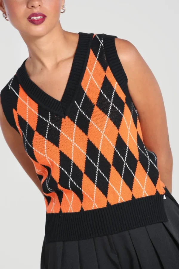 Hell Bunny Tops | Knitwear>Rhombus Vest -Orange Black