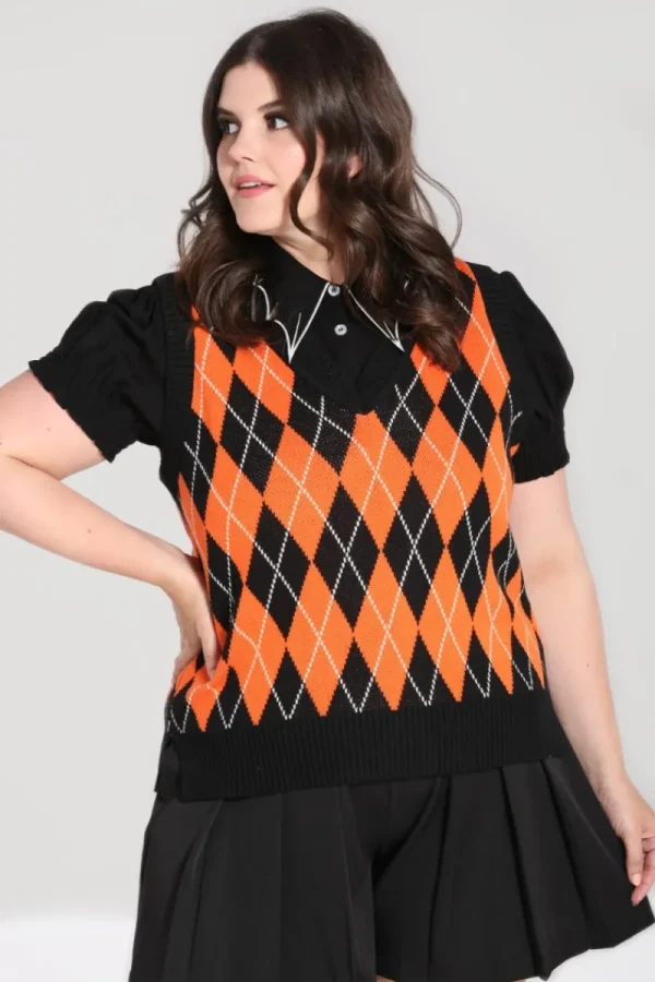 Hell Bunny Tops | Knitwear>Rhombus Vest -Orange Black