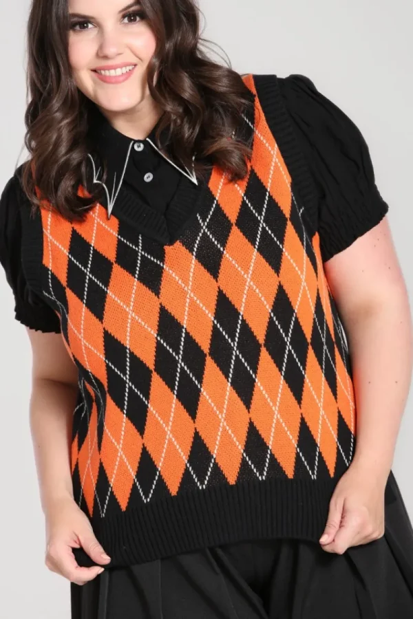 Hell Bunny Tops | Knitwear>Rhombus Vest -Orange Black