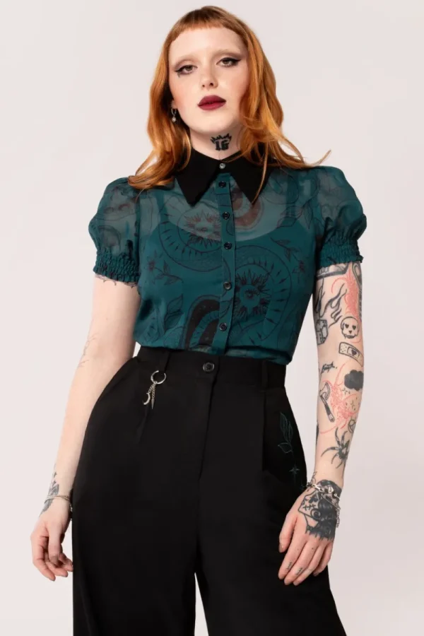 Hell Bunny Tops | Blouses>Venom Blouse DarkGreen