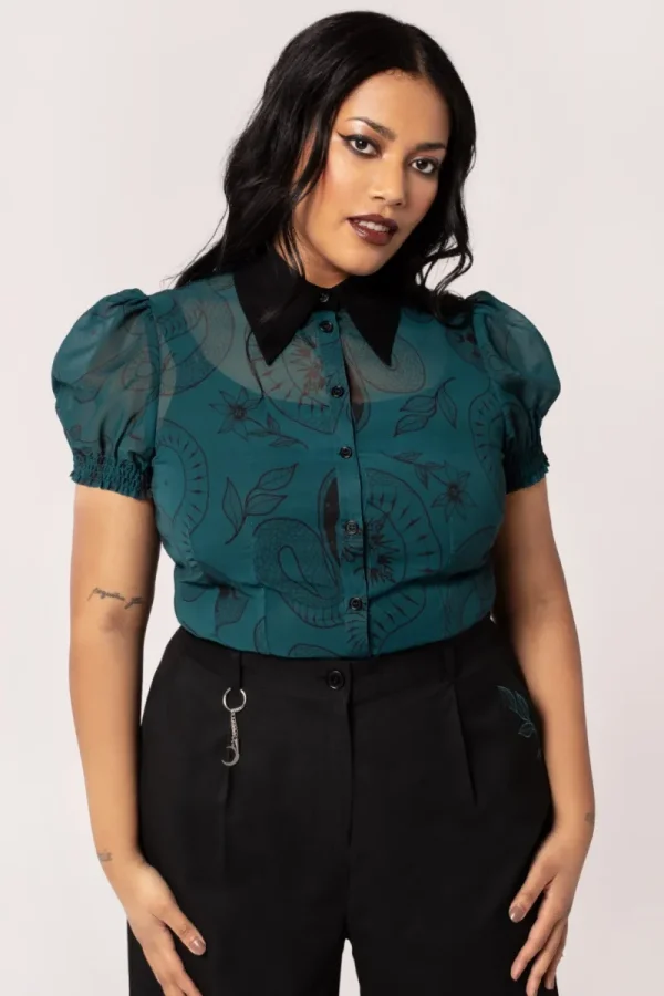 Hell Bunny Tops | Blouses>Venom Blouse DarkGreen